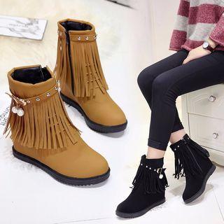 Faux Leather Fringed Hidden Wedge Short Boots