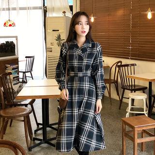 Button-trim Plaid A-line Dress Navy Blue - One Size