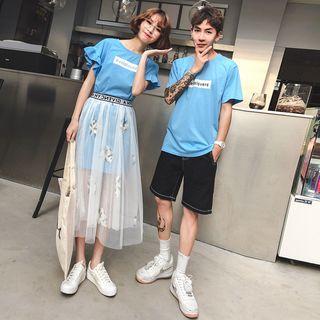 Couple Matching Short-sleeve Letter T-shirt / Ruffled Mini Dress / Letter Trim Mesh A-line Midi Skirt / Shorts