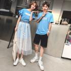 Couple Matching Short-sleeve Letter T-shirt / Ruffled Mini Dress / Letter Trim Mesh A-line Midi Skirt / Shorts