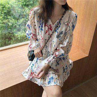 V-neck Printed Long-sleeve Dress As Shown In Figure - One Size