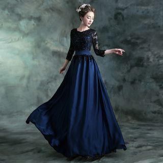 Sequined 3/4-sleeve Evening Gown