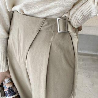 Buckled-waist Pintuck-front Pants