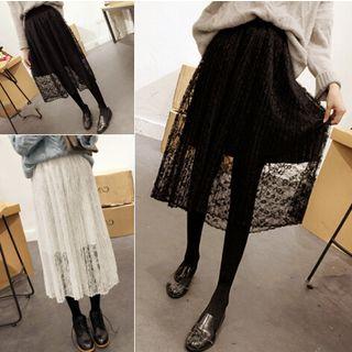 Pleated Lace Midi A-line Skirt