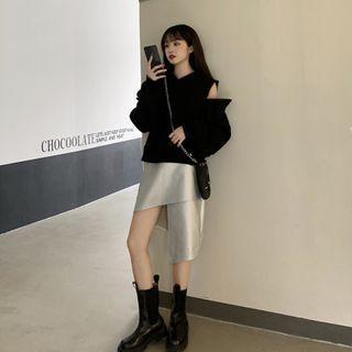 Cold-shoulder Hoodie / Asymmetric Skirt