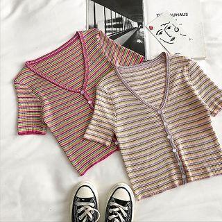 Color-block Striped V-neck Short-sleeve Knit Cardigan