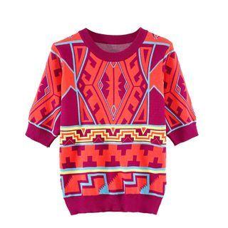 Short-sleeve Geometric Pattern Knit Top Red - One Size