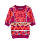 Short-sleeve Geometric Pattern Knit Top Red - One Size