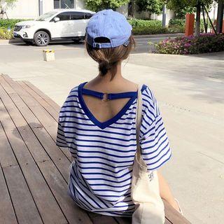 Striped Open-back V-neck Short-sleeve T-shirt