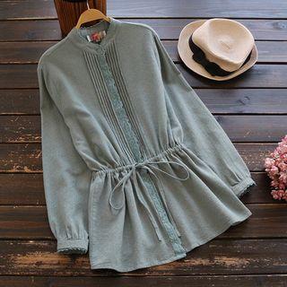 Gathered-waist Long-sleeved Stand Collar Lace Blouse