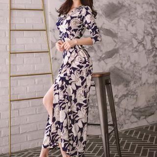 Long-sleeve Floral Slit Maxi A-line Dress