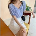 Short-sleeve V-neck Plain Top / Asymmetrical Mini Skirt