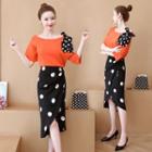 Set: Elbow-sleeve T-shirt + Dotted Fitted Skirt