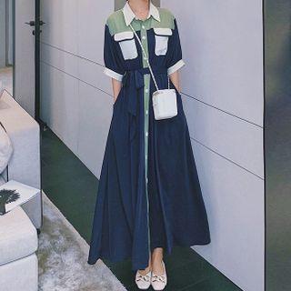Short-sleeve Paneled A-line Maxi Dress