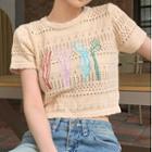 Short-sleeve Flower Embroidered Pointelle Knit Top Almond - One Size