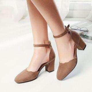 Faux Suede Scallop Cuff Block Heel Pumps