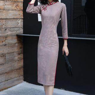 Traditional Chinese 3/4-sleeve Plaid Midi Dress