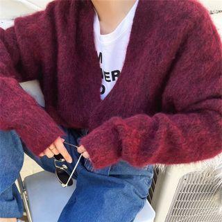 V-neck Plain Loose-fit Cardigan Red - One Size