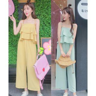 Set: Ruffle Trim Camisole Top + Wide Leg Pants