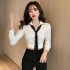 Long-sleeve Cropped Button-down Shirt With Belt
