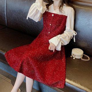 Long-sleeve Glitter Panel Midi A-line Dress
