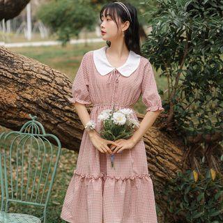 Short-sleeve Check Frill Trim Contrast Collar Midi A-line Dress