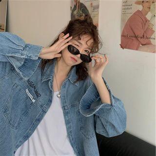 Lettering Denim Shirt Denim Blue - One Size