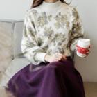 Mock-neck Floral Wool Blend Furry Sweater