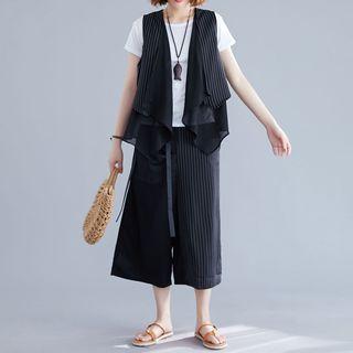 Striped Chiffon Panel Open Front Vest / Cropped Wide-leg Pants
