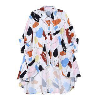 Elbow-sleeve Color Block Dip-back Shirt White - One Size