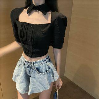 Short-sleeve Cutout Pintuck Cropped Blouse