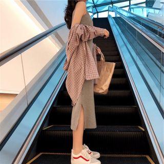 Set: Plaid Shirt + Spaghetti-strap Midi Dress
