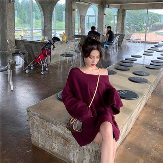 Off-shoulder Long-sleeve Top Purple Red - One Size