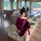Off-shoulder Long-sleeve Top Purple Red - One Size