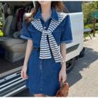 Set: Short-sleeve Denim Shirt Dress + Striped Shawl