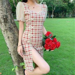 Mesh Puff Sleeve Check Slit Sheath Dress