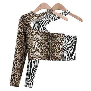 Long-sleeve One-shoulder Leopard Print Top