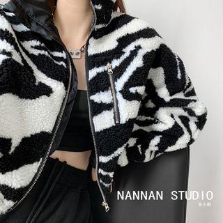 Zebra-print Stand-collar Cropped Fleece Jacket