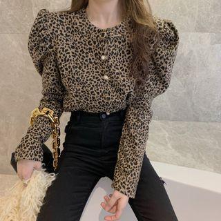 Puff Long-sleeve Leopard Button Blouse