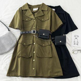 Elbow-sleeve Mini A-line Cargo Shirtdress