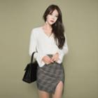 Set: V-neck Long-sleeve Knit Top + Mini Skirt