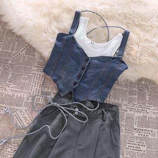 Plain Tank Top / Button-up Denim Vest / High-waist Loose-fit Pants