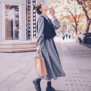Set: Long Sleeve Windowpane Midi Shirtdress + V-neck Cropped Vest