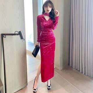 Long-sleeve Cutout Velvet Slit Maxi A-line Dress
