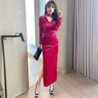 Long-sleeve Cutout Velvet Slit Maxi A-line Dress