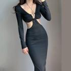 Long-sleeve Deep V Cut-out Bodycon Dress