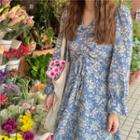 Long-sleeve Floral Midi Dress Blue - One Size
