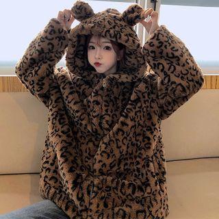 Bear Ear Leopard Print Fluffy Zip Jacket