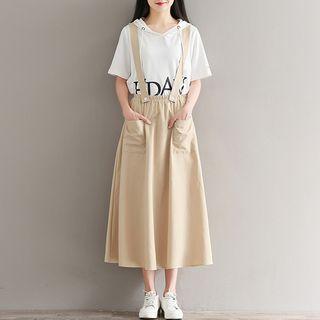 Short-sleeve Lettering Hoodie / Midi A-line Suspender Skirt / Set