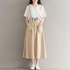 Short-sleeve Lettering Hoodie / Midi A-line Suspender Skirt / Set